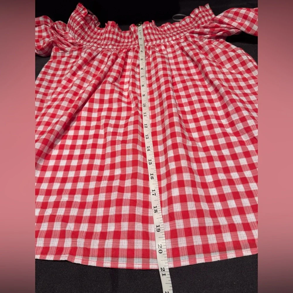 LOFT Red and White Gingham Off-Shoulder Blouse